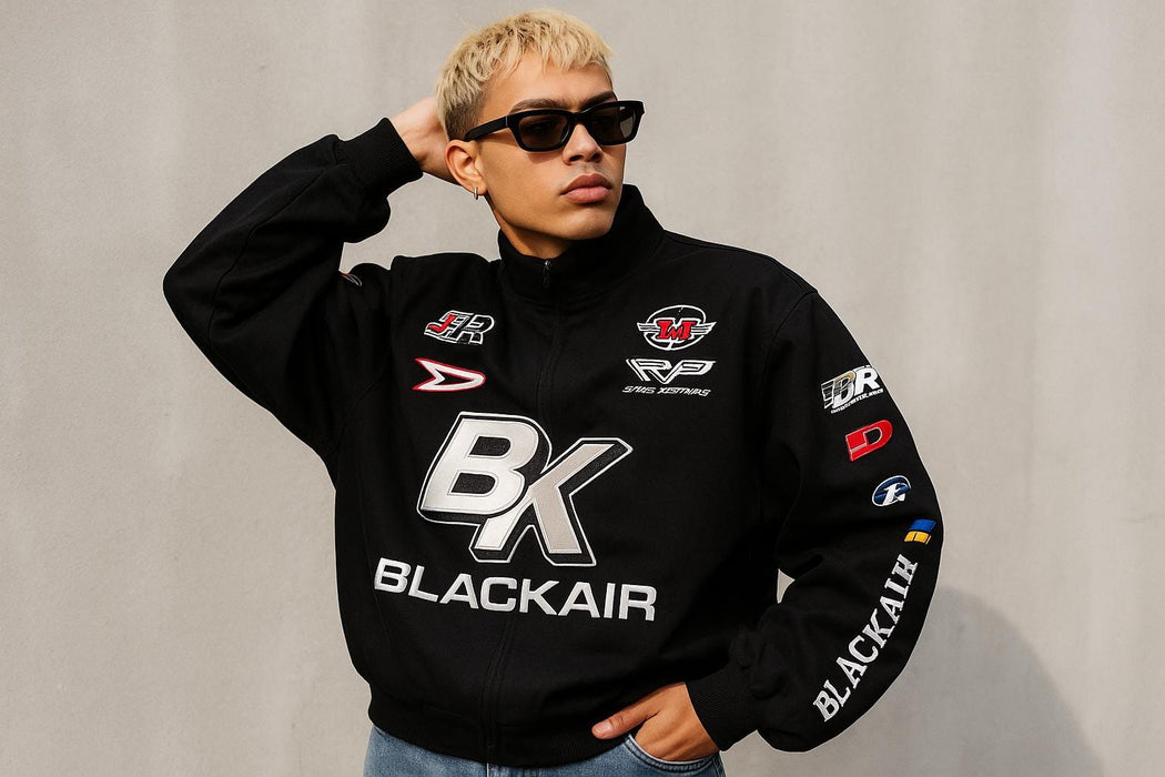 Vintage 80s Racing Jacket: Embroidered Leather F1 Bomber