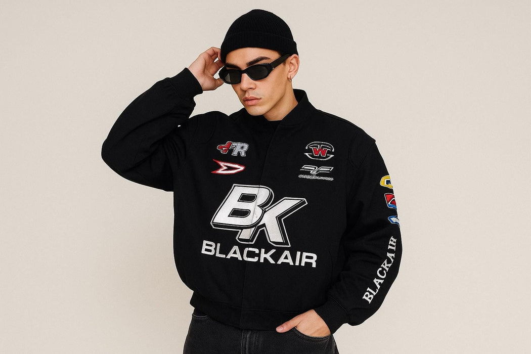 Vintage 80s Racing Jacket: Embroidered Leather F1 Bomber